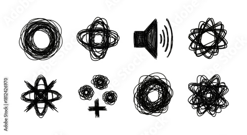 Set of eight abstract, handdrawn scribble icons and symbols in black ink, isolated on