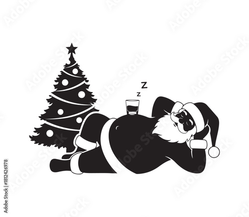 Santa silhouette sleeping with whisky by christmas tree vector design