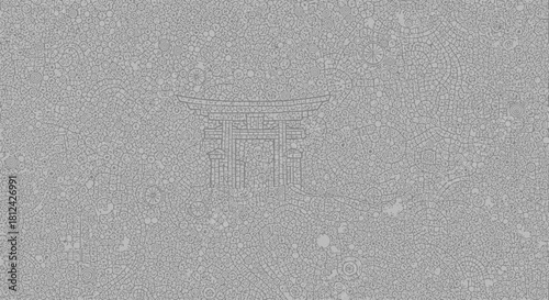 Minimalist line drawing of a traditional japanese shinto shrine torii gate subtly etched onto a textured gray background, representing spirituality and culture