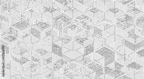 Abstract geometric pattern background with complex isometric cube design in monochrome line art style