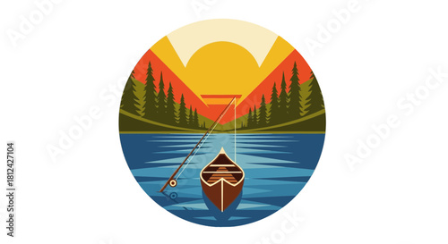 Stylized circular illustration of a lone person fishing from a canoe on a lake during sunset or sunrise with mountains and pine trees in the background