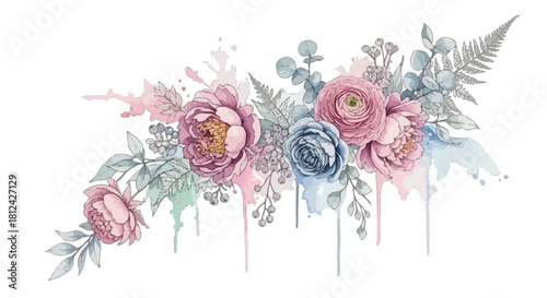 Watercolor floral arrangement with pink and blue peony style flower, eucalyptus, and fern leaves, isolated on