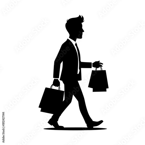 A men with shopping beg silhouette isolated on white background