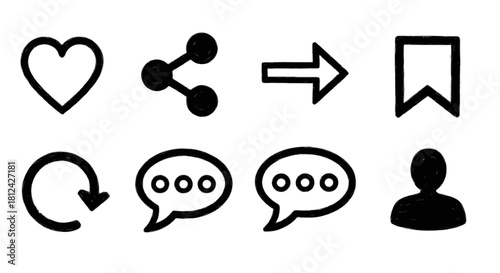 Set of eight hand drawn social media icons including like share arrow bookmark refresh comment and user silhouette isolated on