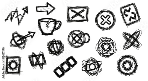 Collection of hand drawn scribble icons and symbols including arrows, circles, crosses, and a broken cup, isolated on