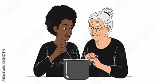 Cooking together shows caring between different generations, as seen with young woman and elderly grandmother. This image describes Cooking together between two people who are stirring food in pot.