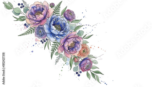 Watercolor floral arrangement with purple and blue peonies, ranunculus, and eucalyptus leaves isolated on