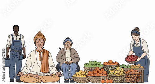Diverse community members including farmer, guru, senior woman, and market vendor showcases inclusion. Diverse community displays tolerance and unity between diverse community.