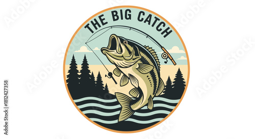 Vintage style circular logo design featuring a largemouth bass jumping out of water with fishing rod and pine tree silhouette, perfect for fishing theme