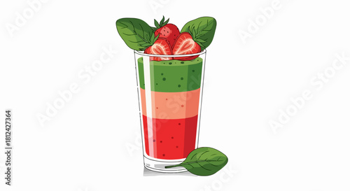 Delicious smoothie with layers of fruit and spinach in clear glass, healthy layered smoothie features vibrant colors from strawberries and green leaves.