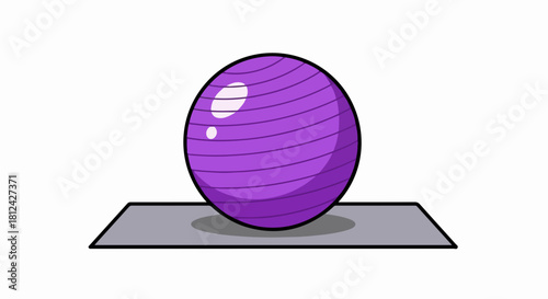 Purple exercise ball sits on yoga mat for home fitness. Exercise ball on yoga mat is perfect equipment for sport activity. This exercise ball sitting on yoga mat ensures effective home fitness.