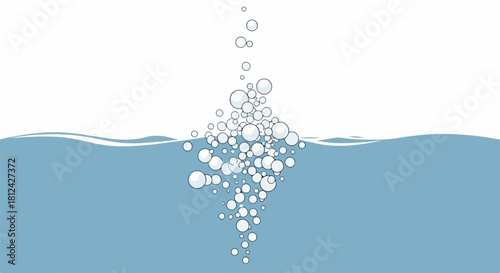 Bubbles rising in water are displayed in minimalist design, several clear, transparent bubbles floating upward in wavy blue water. Bubbles are a beautiful sight,