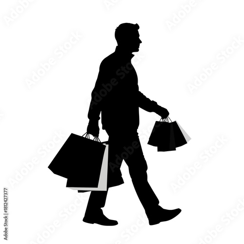 a men with shopping beg silhouette isolated on white background