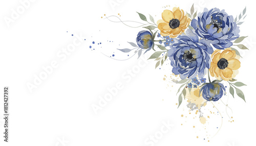 Watercolor floral corner arrangement with blue and yellow anemone flower bouquet isolated on for wedding invitation design