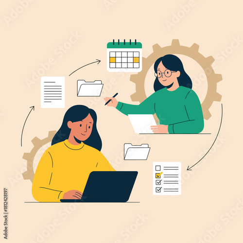 Two women collaborating on a project, one working on a laptop, the other planning