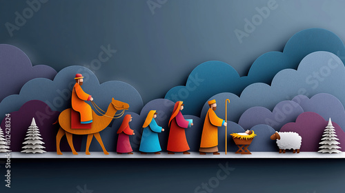 Nativity scene illustration in a layered papercraft style. Journey of the wise men to the manger with baby Jesus. Christian Christmas holiday background with copy space