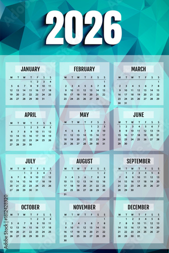 2026 calendar vector template on geometric background