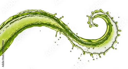 Vibrant green liquid splash forming an elegant, dynamic scurve or wave shape with droplets, isolated on white background, perfect for health, detox, or natural beverage concepts