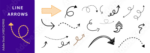 Line arrows collection, colorful doodle & bold arrows pack, curved straight dashed arrows, hand-drawn direction pointers, infographic vector set