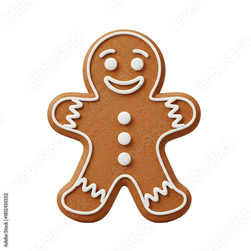 Happy Gingerbread Man Cookie Decorated with White Icing Isolated on Transparent Background