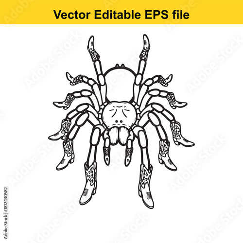 Funny black and white line art vector illustration of a tarantula spider wearing cowboy boots on all eight legs, isolated on