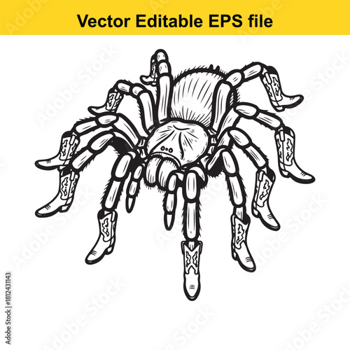 Funny black and white line art vector illustration of a tarantula spider wearing cowboy boots on all eight legs, isolated on