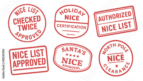 Vintage red rubber nice list approval stamps featuring santa certification labels for holiday graphics