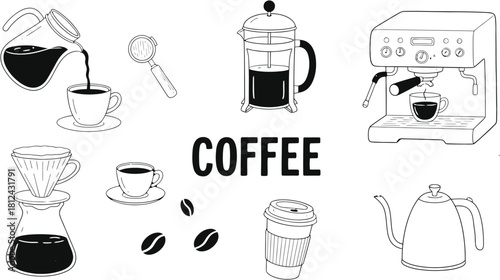 Hand drawn coffee brewing methods and tools collection