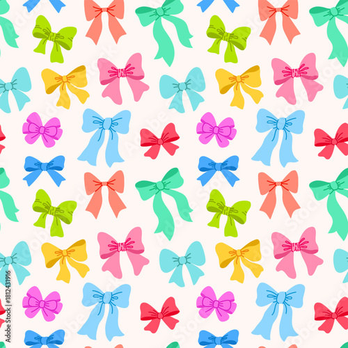 Ribbon bow seamless pattern vector featuring colorful ribbon bows illustrated in flat and sketch style creating a soft playful background.