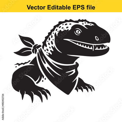 Black and white vector illustration of a fierce lizard or dinosaur wearing a bandana, isolated on