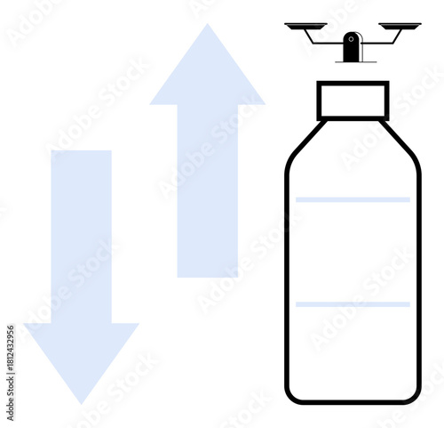 quadcopter hovering over liquid container for pickup amid upward and downward arrows. Ideal for delivery, automation, logistics, technology, efficiency, innovation, and simplicity as a flat metaphor