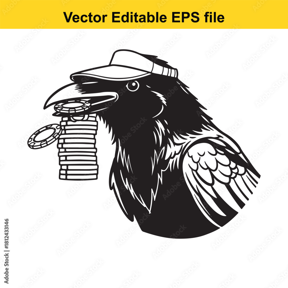 Fototapeta premium Black and white vector illustration of a clever raven wearing a visor and holding a stack of casino poker chips in its beak, isolated on