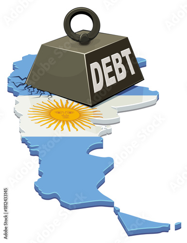 Argentina map (flag colors) being crushed by a heavy weight labeled "DEBT". Concept for financial crisis or government debt burden in South America. (cut out)