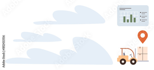 Forklift moving boxes, map marker for location, analytics chart, and sky. Ideal for logistics, delivery, data analysis, shipping tracking business planning and cloud solutions. Simple flat