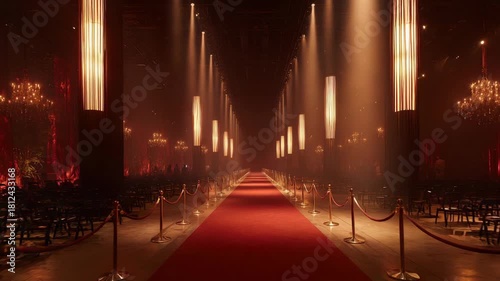 Grand Red Carpet Entrance Lined with Golden Stanchions Illuminated by Dramatic Spotlights and Ornate Chandeliers Creates an Atmosphere of Opulence and Elegance Within a Dark