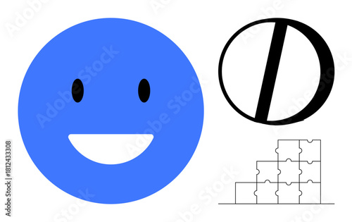 happy face concept. Blue emoticon alongside abstract shapes such as a bold symbol and puzzle elements. Smiley face with conceptual puzzles and icons for communication, branding, education