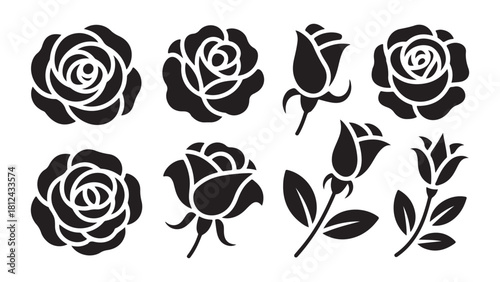 Black and white roses collection with bud and leaves for design elements vector