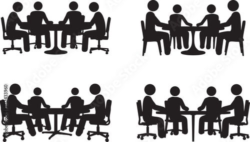 Business Team Meeting Stickman Icons – Roundtable Discussion & Collaboration Vector