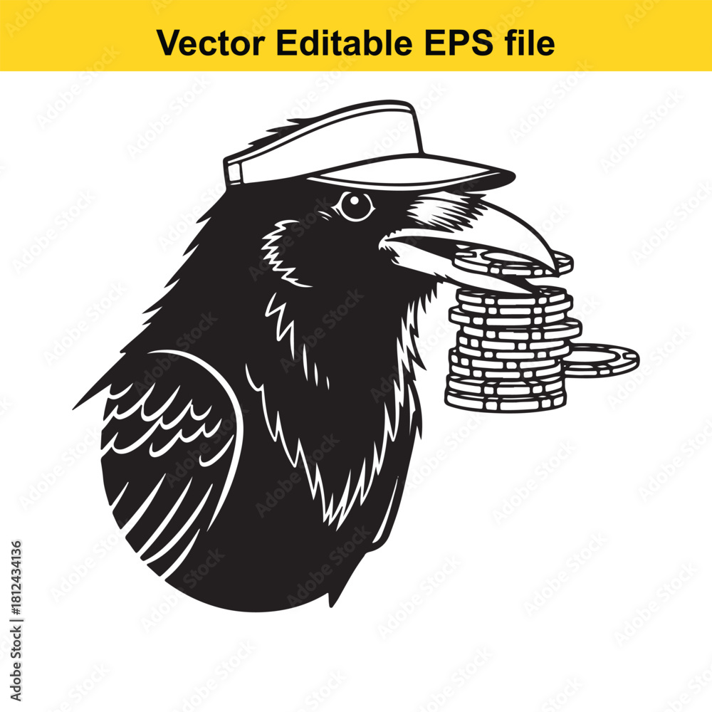 Fototapeta premium Black and white vector illustration of a clever crow wearing a visor cap and holding a stack of poker chips in its beak, isolated on