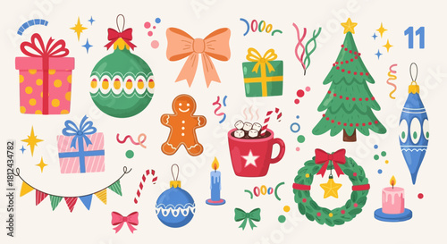 Festive christmas flat lay illustration with ornaments and holiday decorations