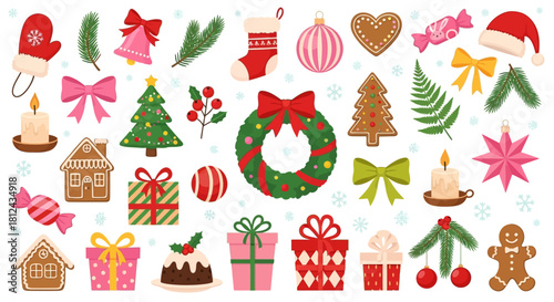 Festive christmas icons and decorations set for holiday designs and celebrations