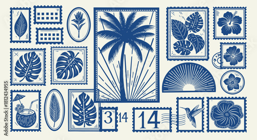 Collection of blue tropical stamps with palm trees and flowers illustration 