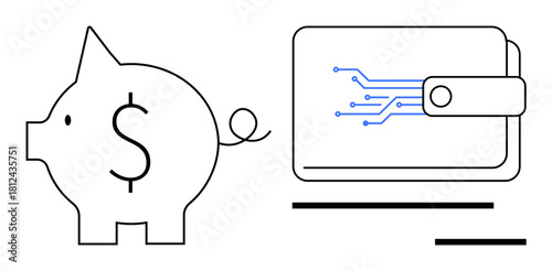 Piggy bank symbolizing traditional saving methods and a tech-inspired digital wallet. Ideal for finance, savings, fintech, digital transactions, banking, budget management, secure payment. Simple