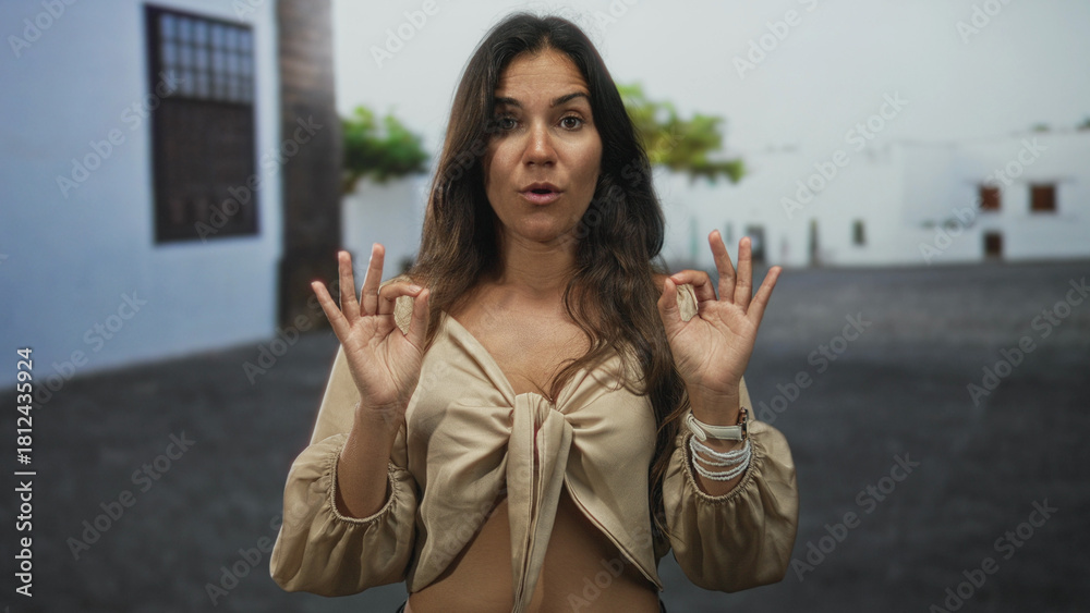 Fototapeta premium Woman makes ok sign with hands and exposed midriff on a street with white buildings; calm meditation.