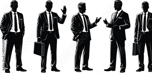 businessmen silhouettes, corporate professionals, formal suit figures, leadership concept illustration, executive team poses, business communication, office attire, confident standing men