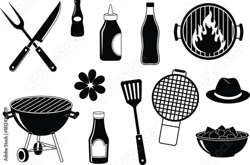 Barbecue grill icons, black and white illustration, outdoor cooking tools, summer BBQ elements, condiment bottles, flat vector illustration