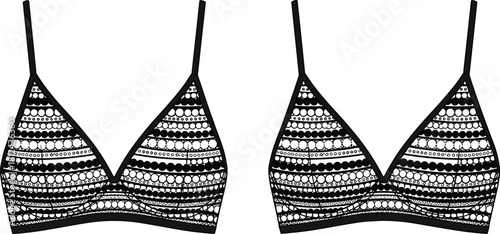 Bralette top sketch, ornamental circular pattern, black and white fashion illustration, lingerie design detail, garment silhouette, flat vector illustration