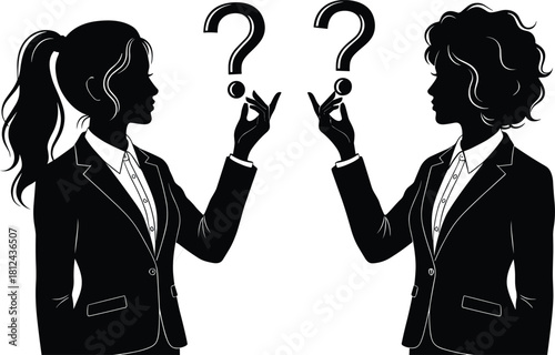 "Businesswomen silhouettes facing each other with question marks, communication concept, problem solving, teamwork illustration, corporate discussion graphic"