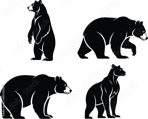 Stylized bear silhouettes, black and white illustration, wild animal poses, muscular bear design, forest wildlife art, flat vector illustration