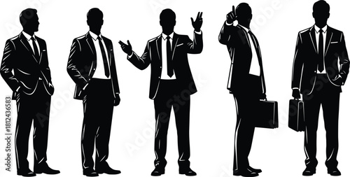 Businessmen silhouette set in formal suits, professional male figures posing with briefcases, leadership and corporate concept illustration for design use